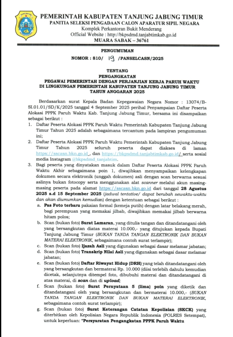 Pengumuman Resmi! Nama-Nama Lulus PPPK Paruh Waktu 2025 Tanjung Jabung Timur