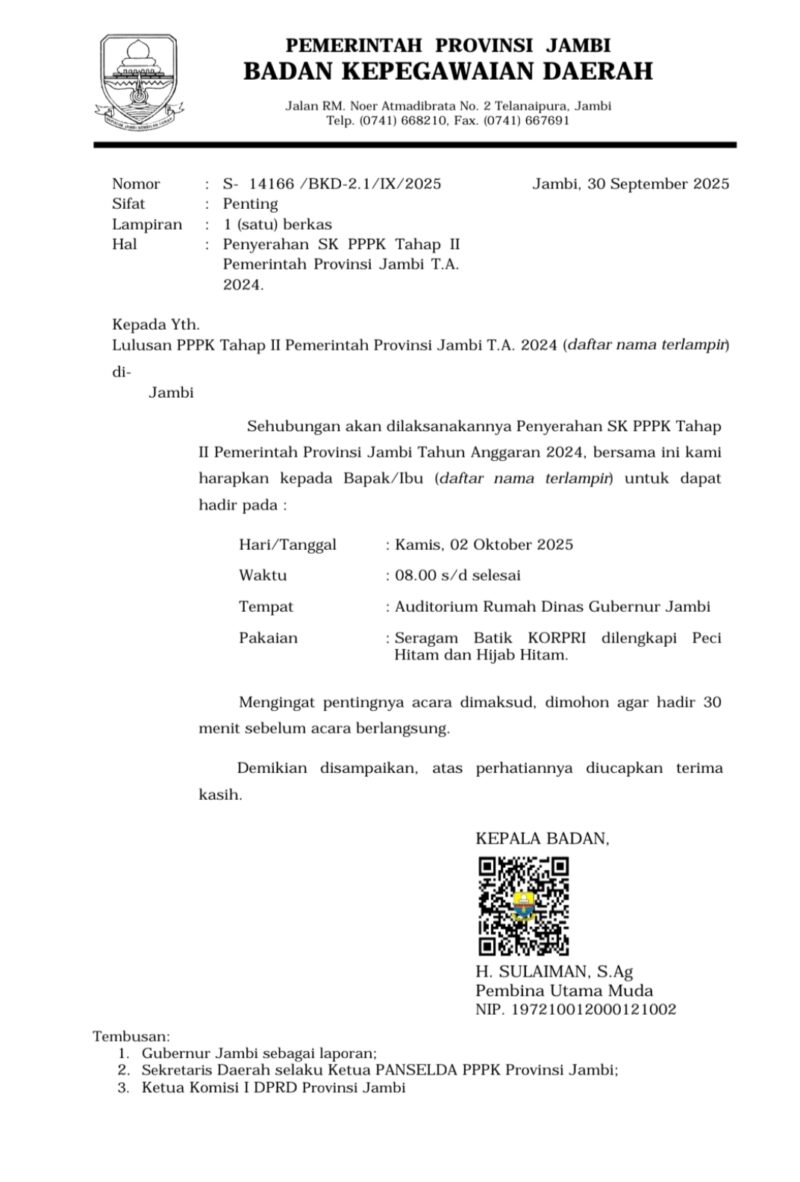BKD Jambi Pastikan Penyerahan SK PPPK Tahap II T.A. 2024 Digelar Pekan Ini