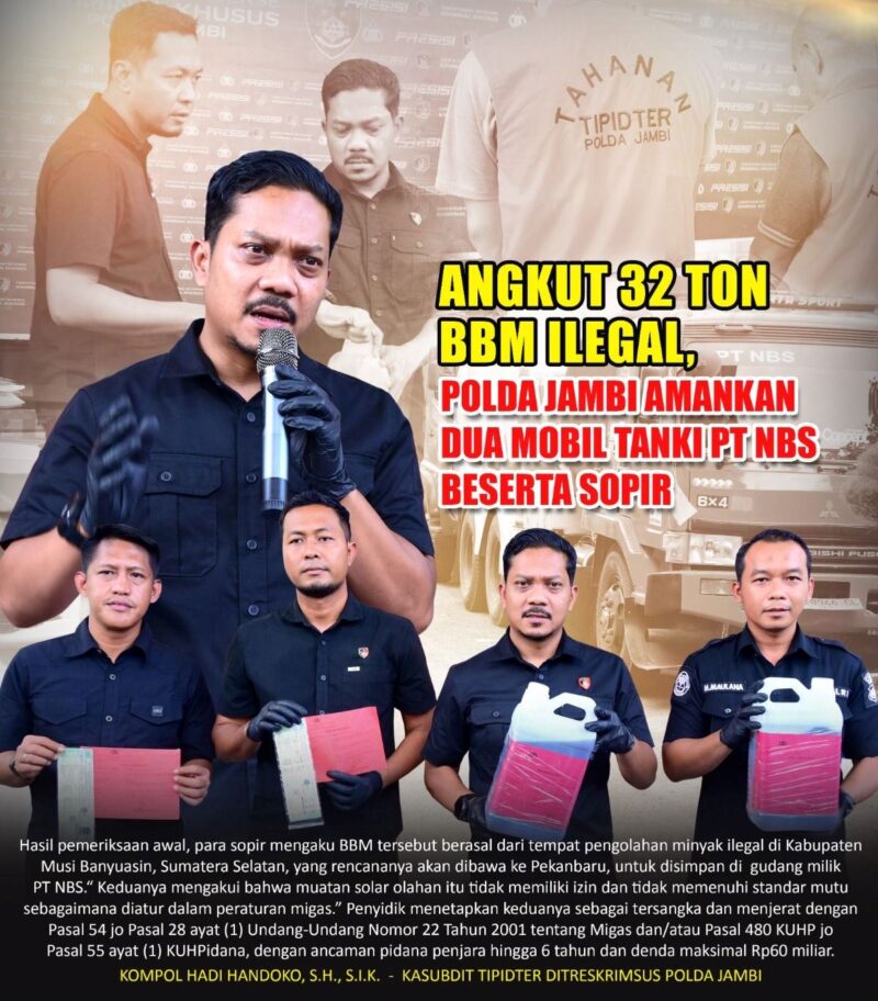 Polda Jambi Gagalkan Pengangkutan 32 Ribu Liter BBM Ilegal dari  Sumsel (Dok.Humas Polda Jambi)