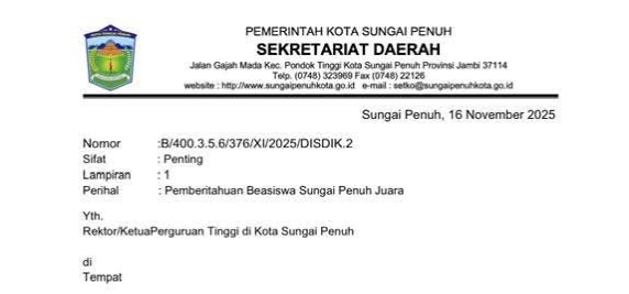 Surat edaran Pemkot Sungai Penuh Buka Pendaftaran Beasiswa Sungai Penuh Juara 2025
