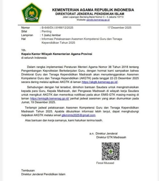 Asesmen Guru Madrasah 2025 Digelar Daring Akhir Desember