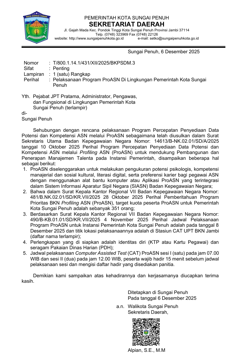 Pemerintah Kota Sungai Penuh memenuhi kuota 351 peserta dalam pelaksanaan ProASN di UPT BKN Jambi.