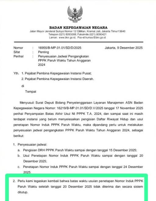 SE Terbaru BKN Batas Akhir Pengangkatan PPPK Paruh Waktu 2024