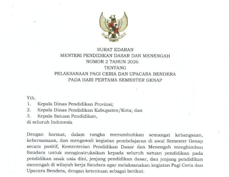 Sambut Semester Genap 2026, Kemendikdasmen wajibkan sekolah gelar kegiatan 'Pagi Ceria' dan Upacara Bendera. Simak aturan lengkap dan rangkaian acaranya di sini!