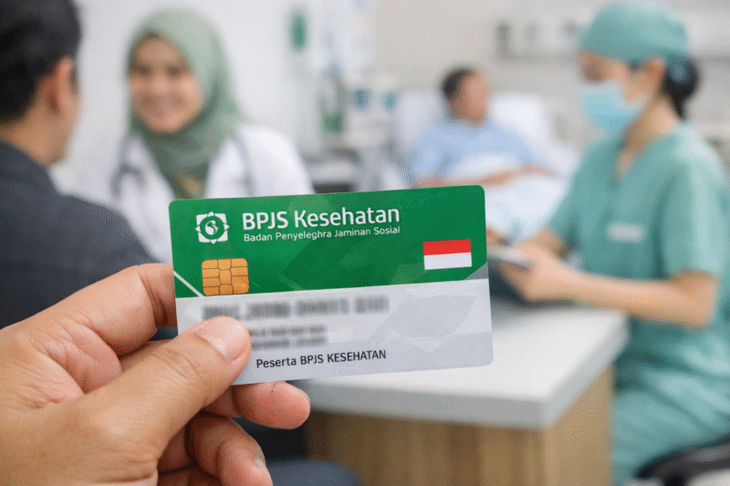 lustrasi kartu BPJS Kesehatan di tangan pasien  Alt text: Kartu BPJS Kesehatan dan layanan medis