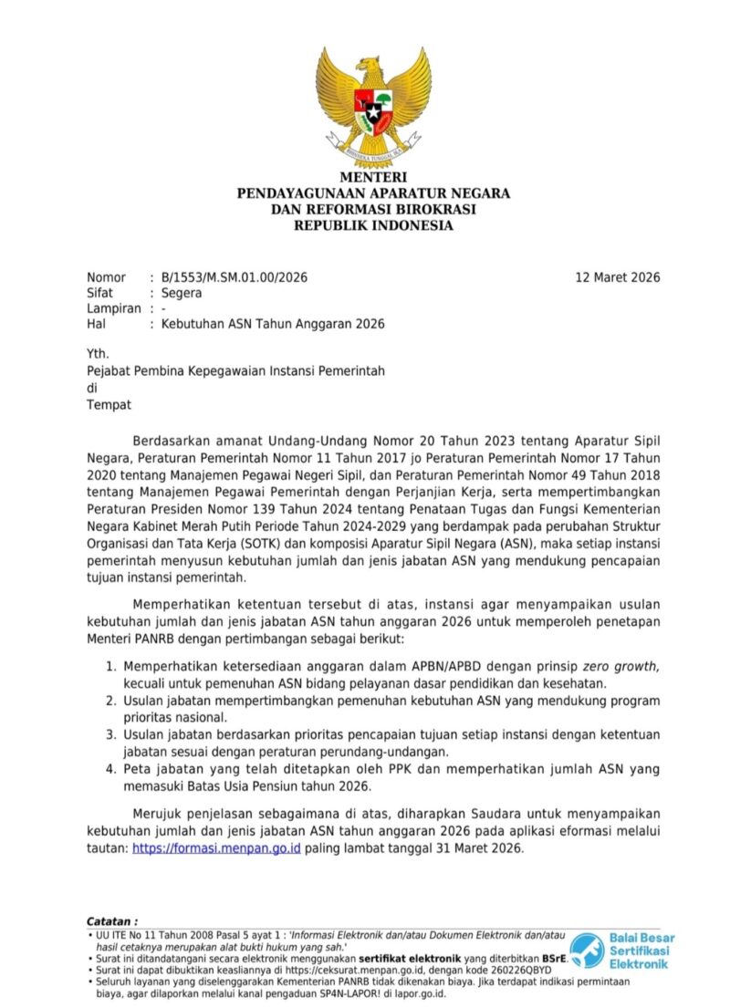Formasi ASN 2026 Dibuka, Prioritas Guru dan Tenaga Kesehatan