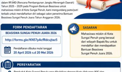 Pendaftaran Beasiswa “Sungai Penuh Juara” 2026 Resmi Dibuka