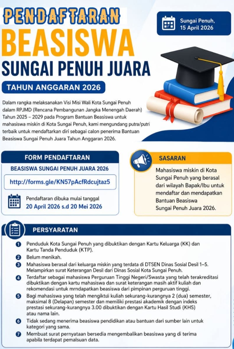 Pendaftaran Beasiswa “Sungai Penuh Juara” 2026 Resmi Dibuka