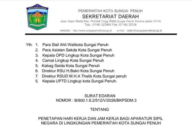 Pemkot Sungai Penuh Tetapkan Jam Kerja Baru ASN