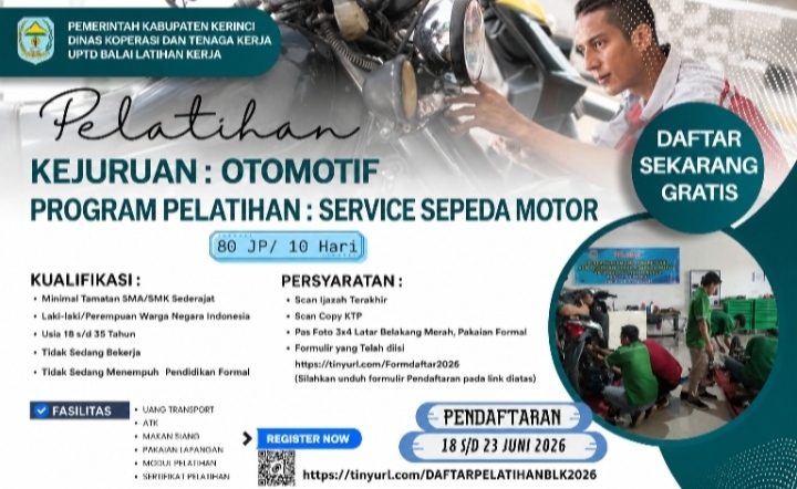 BLK Kerinci Buka Pelatihan Service Sepeda Motor Gratis
