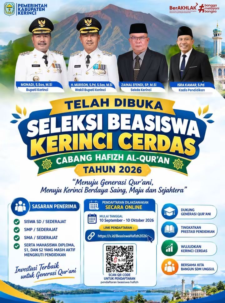 Pendaftaran Beasiswa Kerinci Cerdas 2026 Dibuka hingga 10 Oktober