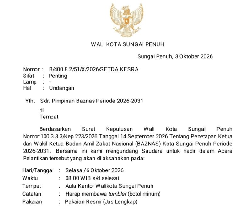 Pelantikan Pimpinan BAZNAS Sungai Penuh Digelar Besok